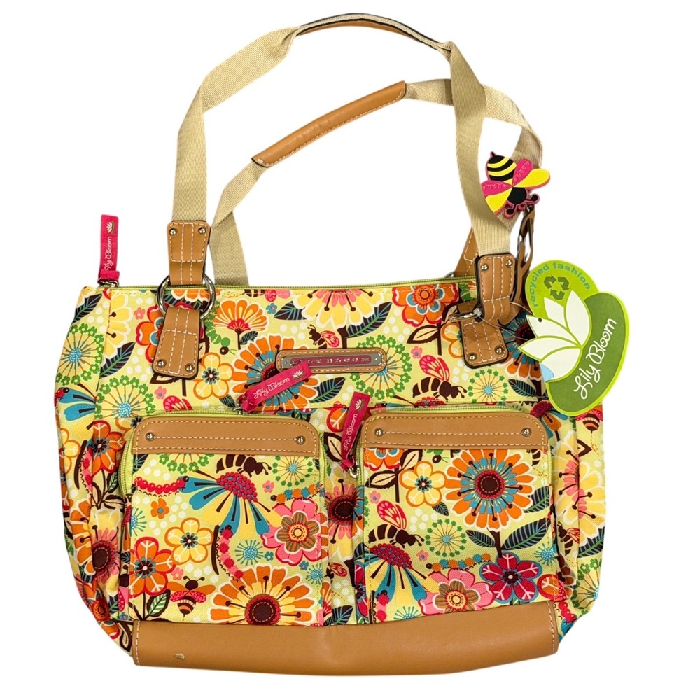 NWT Lily Bloom What A Buzz Shoulder Tote Bag Recycled Yellow Floral Bee Purse